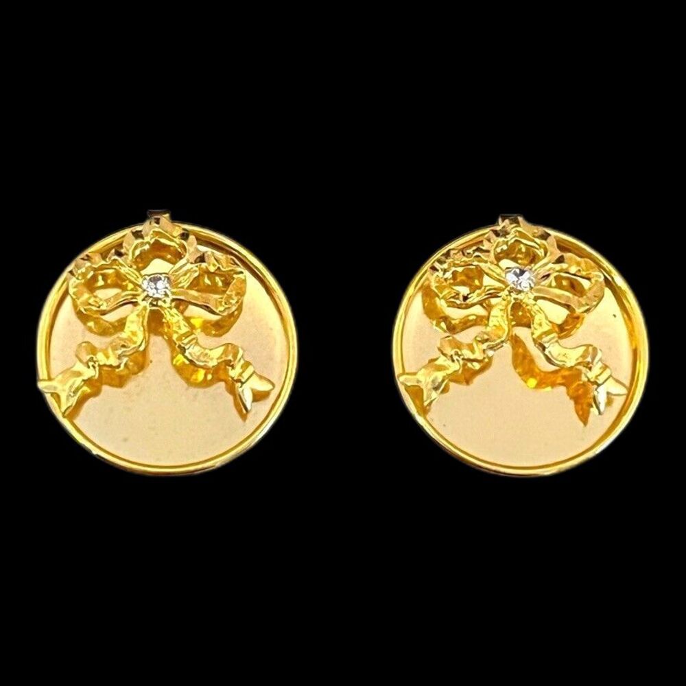 Vintage 1980s Earrings CTN USA Gold Tone Bow Clip On Round Disc Crystal - 3B